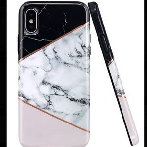 iPhone XR pink, black, and white marble phone case.